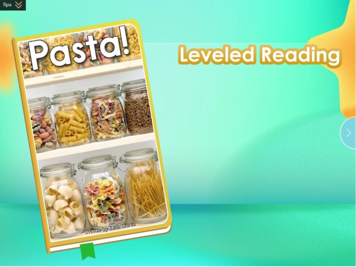 A picture of pasta with the words 'leveled reading' is perfect for K-12 students and VIPKid teachers.