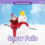 A child, VIPKid's student, is standing next to a snowman with the words 'snow falls'.